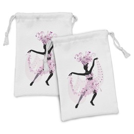 Ambesonne Latin Fabric Pouch Set of 2, Silhouette of a Woman Dancing Samba Salsa Latin Dances Spain and Mexico Culture Print, Small Drawstring Bag for Toiletries Masks and Favors, 9" x 6", Pink Black