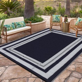 COZYLOOM 8x10 Outdoor Rug Waterproof Reversible Plastic Straw Rug for Patios Modern Area Rug for Outdoors Backyard Porch Balcony RV Deck Picnic Camping Beach Trailer Black Blue Panel