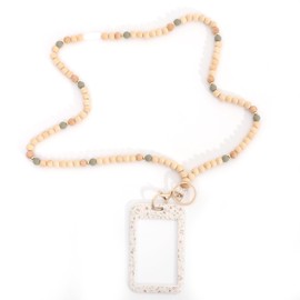 Beaded ID Badge Holder Necklace, 25 inch Wooden Lanyard with Floral Card Case, Sliding Cover Design