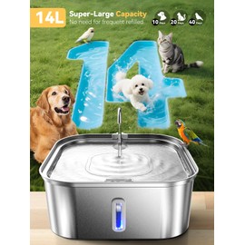 Large Dog Water Fountain 14L/3.7Gal, Stainless Steel Pet Fountain for Large Dogs and Multi-Pets Families, with Visible Window & Extra Wide Drinking Area, Square Design Enlarges Capacity & Saves Space