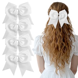 ZESION Large White Hair Bows, 4-Pack Grosgrain Ribbon Cheer Bows, Classic Style Hair Accessories