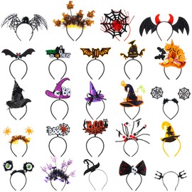Lyrow 24 Pcs Halloween Headbands Bulk for Women Devil Skull Pumpkin Witch Hats Headbands Headwear for Halloween Cosplay (Fresh Style)