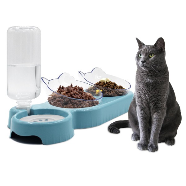 Triple Cat Bowls,15°Tilt 3-in-1 Water Feeder Bowls Cat Double Food
