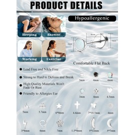 MILACOLATO 18-21 Pairs Helix Piercings Cartilage Ear Piercings Earrings for Women Tragus Piercing Silver Stud Earrings Stainless Steel Women's Stainless Steel Moon Star Heart Disc CZ Geometric