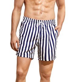 White and Blue Men's Swim Trunks Quick Dry Stripes Beach Shorts 5 in Board Shorts with Mesh Lining, White Blue Vertical Stripes, Size M