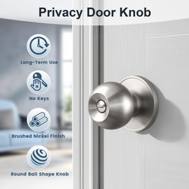 KNOBWELL Brushed Nickel Door Knob for Bedroom Bathroom, Interior Door Knobs with Round Ball Knob, Keyless Privacy Door Knob with Lock, Indoor Door Handle, 3 Pack