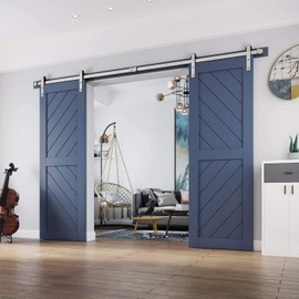 EaseLife 10 FT Heavy Duty Brushed Nickel Double Door Sliding Barn Door Hardware Track Kit,Modern,Sturdy,Slide Smoothly Quietly,Easy Install,Fit Double 30" Wide Door (10FT Track Double Door Kit)