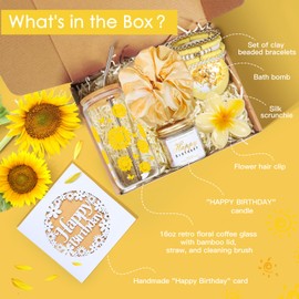 iAOVUEBY Birthday Gifts for Women, Her, Teen Girl Gifts, Happy Birthday Gift Box for Girl, Women, Sister, Daughter, Friend, Friendship, Cute Sunflower Sunshine Glass Cup Gift Set 7PCS, 16oz, Yellow