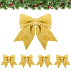 Wolkstello Bows Christmas Tree Gold, Pack of 5 XL Christmas Bows Glitter, Christmas Arch Large, Christmas Tree Decoration Bows for Christmas Wreath Gift Wedding Party Decoration