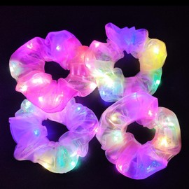 4Pcs Light Up Scrunchies Hair Tie, Pink LED Scrunchy Rave Hair Accessories for Women & Girls, Glow in the Dark Party Supplies Sleepover Party Favor Festival Accessory for Crazy Hair Day