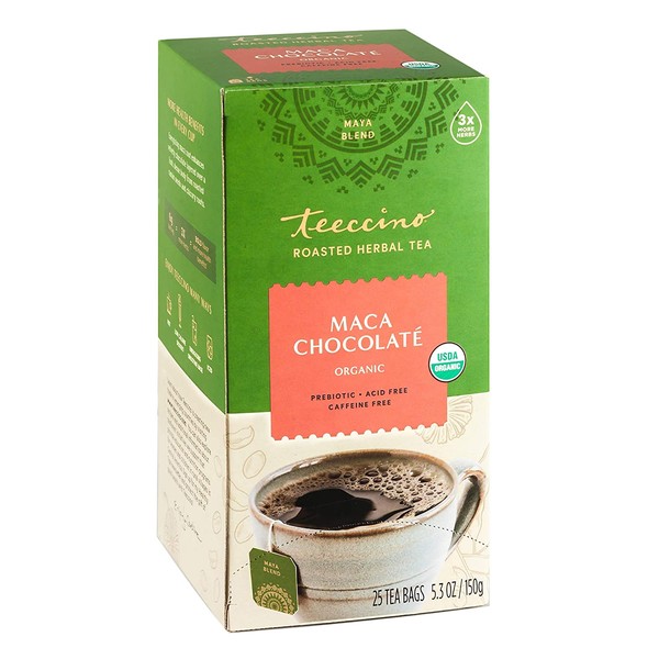 Teeccino Herbal Tea – Maca Chocolaté – Adaptogenic Peruvian Maca, Cacao, Chicory, Prebiotic, Caffeine Free, Acid Free, Coffee Alternative, 25 Tea Bags