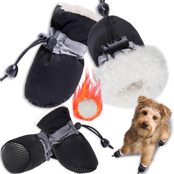 TEOZZO Dog Boots Dog Snow Boots for Winter Dogs Boots & Paw Protector Warm Dog Booties for Puppy with Reflective Strip Dog Shoes for Small Medium Size Dogs 4PCs Black Size4