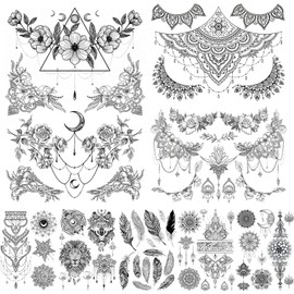 glaryyears 8 Hojas Mandara Cofres Tatuajes Para Mujer, Flor Negra Hoja León Lobo Atrapasueños Diseños Underboob Tatuajes Temporales Pegatinas En El Pecho Cintura Impermeable Body Art Tam