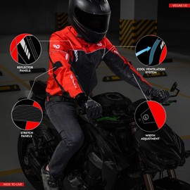 WD Motorsports Vegas 1.0 Men’s Textile Motorcycle Jacket, All-Season CE Armored, Waterproof Cordura Biker Jackets with Removeable Lining & Ventilated Zippers (Red, 4XL)