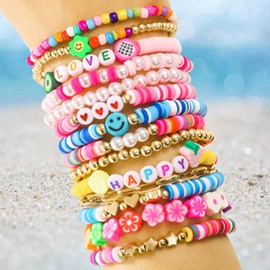 Behrooci Friendship Bracelets Boho Stackable Bracelets for Women Surfer Heishi Clay Bead Bracelets Stretch Preppy Bracelets Colorful Boho Bracelets for Women (14pcs HAPPY)