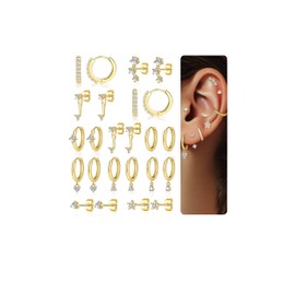 Shimmering Mini CZ Stud Earring Set for Multiple Piercings & Soft Cartilage: 3 Chic Designs for Women (# 9-Golden-multishape)