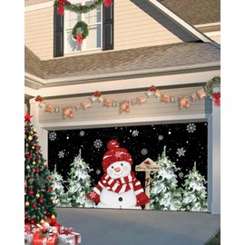Hokiten Black Red Snowman Christmas Garage Door Cover 7x8Ft, Xmas Tree Farmhouse Garage Door Banner Cover, Snowflake Botanical Garage Door Decoration Backdrop for Christmas Holiday Garage Door Covers