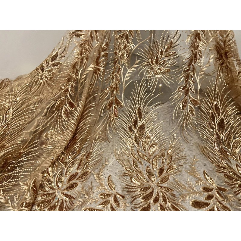 wowfabric4less123 Gold Sequin Embroidered Lace fabric 50” Width 1 Yard
