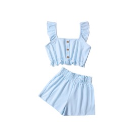 Ecolala Girl's Summer Clothing Sets Knit Ruffle Striped T-Shirt and Shorts 2 Piece Outfits Blue 13-14Y