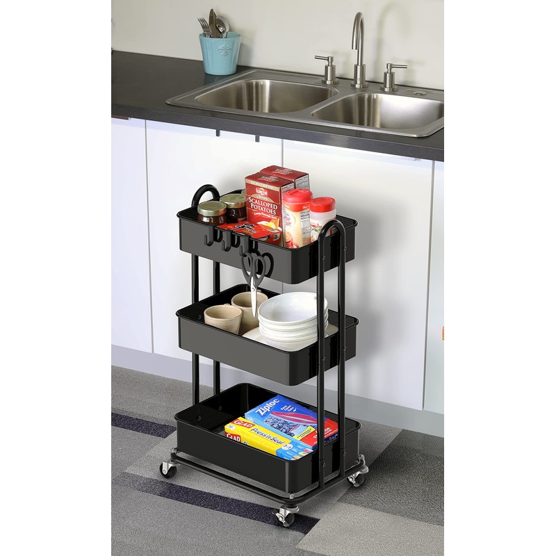 Simple Houseware 3-Tier Heavy Duty Metal Utility Rolling Cart, Black