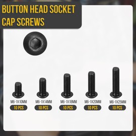 DTGN 50Pcs M6-1x10/14/18/20/25mm Button Head Socket Cap Screws - Carbon Steel Bolt Set Assortment Kit - Good for Road Bicycle, Mountain Bike, Auto