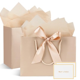 Gfractolux Gift Bags for Present, 2Pcs Medium Gift Bags with Tissue Paper and Cards, Gift Bags with Handles for Birthdays, Baby Shower, Wedding, Party Favor, Holiday Presents 11"X7.9"X3.9" (Champagne)