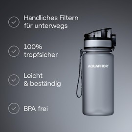 AQUAPHOR City Filter Bottle 350 ml Grey I Bottle with Water Filter for On the Go I Filter with Activated Carbon I Filters Chlorine I Made of Tritan & BPA Free I For Better Taste & Odour of Water