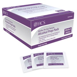 HCS Medium Alcohol Prep Pads - 70% Isopropyl Alcohol Wipes, Individually Wrapped - 2 ply, Textured, Sterile Skin Prep Swabs (200/Box)