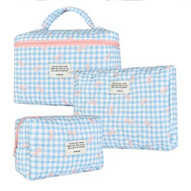 Kimiyaki 3 PCS Quilted Makeup Bag Set,Cotton Cosmetic Bag,Aesthetic Plaid Bow Toiletry Bag for Women,Travel Organizer Bag with Zipper(Blue)