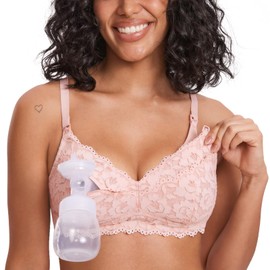 MOMANDA Women's Pumping Bra Hands Free Lace Nursing Bras for Maternity Breast Breastfeeding Cute Support Blush Pink 38C