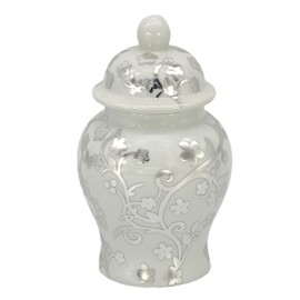 8" Ceramic Ginger Jar w/Lid - Classic Chinese Style Porcelain Jar Tea Storage for Home Decor Decorative Centerpiece Vintage Accent Antique Vase Jingdezhen (Silver& White)