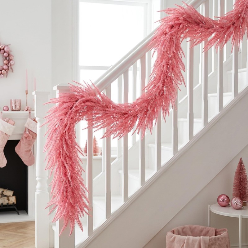 2Pcs Pink Christmas Norfolk Pine Garland,6Ft Artificial Pine Garlands Decor