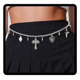 Navoky Goth Waist Chain Y2k Silver Cross Heart Belt Women Charms Skeleton Punk Body Chain for Pants and Dress