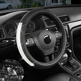 Road Comforts Bling Steering Wheel Cover for Women Girls, Sparkly Rhinestone Leather, Diamond Car Accessories, Anti-Slip Thick Soft Grip, Universal 14.5–15 Inch, for Her