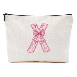Pink Bow X, Alphabet Makeup Bag for Women, Washable Travel Organizer Toiletry Cosmetic Bag, Coquette Bow Letter Pattern Large Capacity Makeup Pouch with Zipper, Christmas Gifts for Women