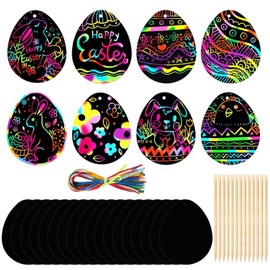 Pack of 48 Easter Scratch Pictures, Easter Eggs Craft Scratch Pictures for Children, Easter Craft Set Scratch Eggs, with 48 Pieces Wooden Sticks and 48 Pieces Colourful Ribbons, for Children for