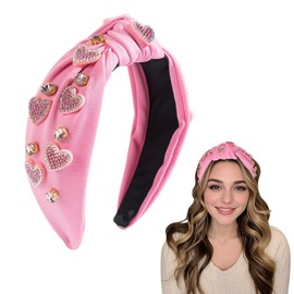 BYETOCE Valentine's Day Knotted Headband Rhinestone Headband for Women Pink Love Heart Turban Headbands Non-Slip Top Knot Hair Band Fashion Ladies Hair Hoop Accessories