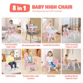 TODEFULL Baby High Chair, 8 in 1 Convertible Highchairs for Babies and Toddlers, Children Dining Booster Seat/Kids Building Block Table for Girls Boys, Baby Seat with Removable Tray,Pink & White