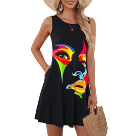 AUSELILY Womens Summer Dresses 2025 Casual Sleeveless Boho Floral Sundresses Beach Swimsuit Coverup with Pockets, Artistic Face L