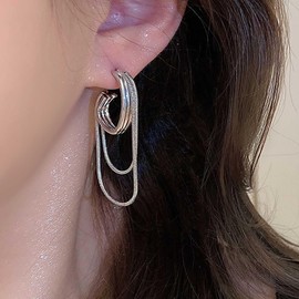 Inateannal Boho Long Chain Tassel Earrings Silver Open Hoop Earrings Vintage Chain Dangle Tassel Drop Earrings Chunky C Shape Earrings Jewelry for Women