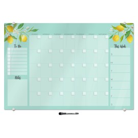 Magnetic Dry Erase Glass Whiteboard All-in-One Calendar Command Center | Fine-Tip Dry Erase Marker Included | 24" x 36" (Lemon/Mint)