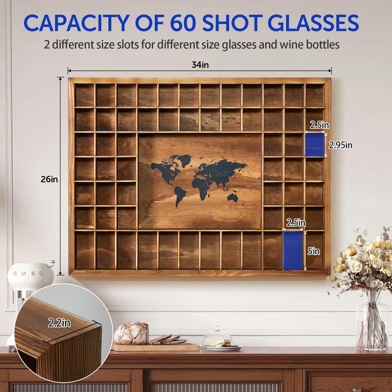 Tristcily Large World Map Shot Glass Display Case 60 Slots