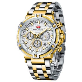 MF MINI FOCUS Business Men Watches (Chronograph/Waterproof/Luminous/Calendar/24 Hours) Big Face Stainless Steel Band Watches for Men (Silver_Golden)