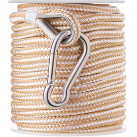 RainierSupplyCo Boat Anchor Rope - Double Braided Marine Rope Anchor Line - 150 ft x 3/8 Inch Nylon Boating Line with 316 Stainless Steel Thimble and Heavy Duty Marine Grade Snap Hook - White/Gold