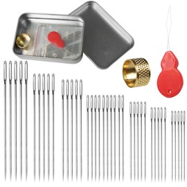 40 Pcs Sewing Needles Set, Hand Sewing Needles with Threader and Thimble, 7 Sizes Travel Mini Embroidery Needle, Easy Thread Needle with Stainless Steel Box for Craft Creations, Home, Traveler