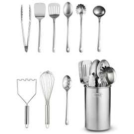 10 PCS Cooking Utensils Set, Stainless Steel Kitchen Tool Set with Turner, Spaghetti Server, Ladle, Serving Spoons, Whisk, Tongs, Potato Masher & Utensil Holder