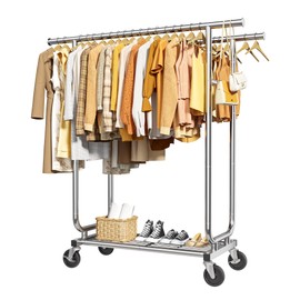 Sakugi Stainless Steel Rolling Clothes Rack with Mesh Shelf, Lockable Wheels & Anti-Slip Stoppers, Freestanding Clothing Organizer for Bedroom, Laundry Room, 43.5" x 16.5" x 65.9", Silver