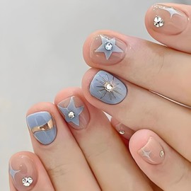Star Square Press on Nails Short Blue Nude Fake Nails with Rhinestones Design Gold Line Glue on Nails Glossy Full Cover False Acrylic Nails for Women