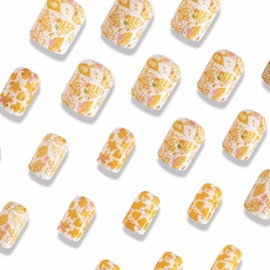 MERVF Press on Nails Short Square Fake Nails Yellow Leaf Squoval Glue on Nails White Acrylic Nails with Maple Leaf Design Press ons Glossy 24pcs