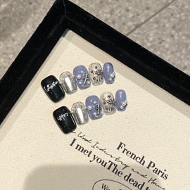 NLSJMP 3D handmade Gel nails press on false nails short square black silver blue rhinestone bling pearl cute acrylic Reusable fake nails designed kit,10 Nails Size S #1901